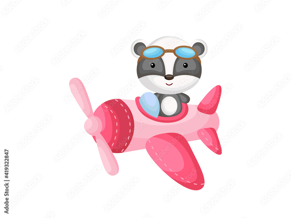 Little badger wearing aviator goggles flying an airplane. Funny baby character flying on plane for greeting card, baby shower, birthday invitation, house interior. Isolated cartoon vector illustration