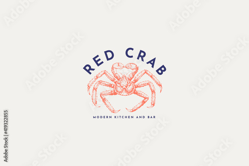 Logo template with an image of red crab drawn by graphic lines on a light background. Retro emblem for the menu of fish restaurants, markets and shops. Vector vintage engraving illustration.