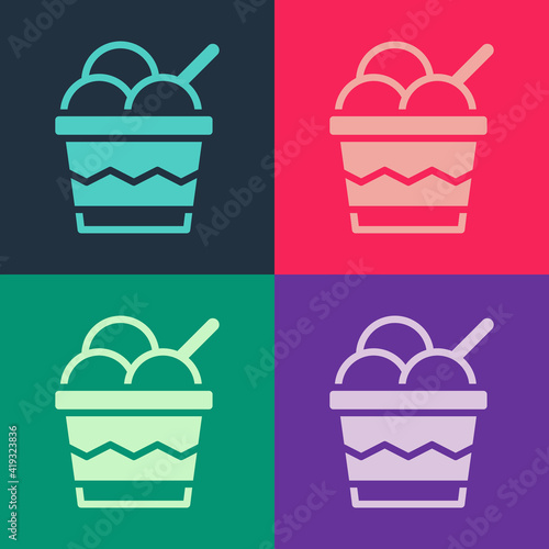 Pop art Ice cream in the bowl icon isolated on color background. Sweet symbol. Vector.