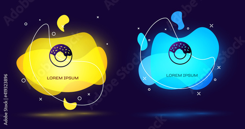 Black Donut with sweet glaze icon isolated on black background. Abstract banner with liquid shapes. Vector.