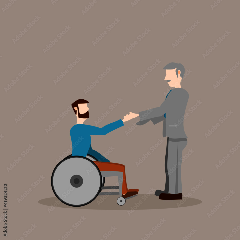 Man in wheelchair shaking hands with business man flat design vector illustration