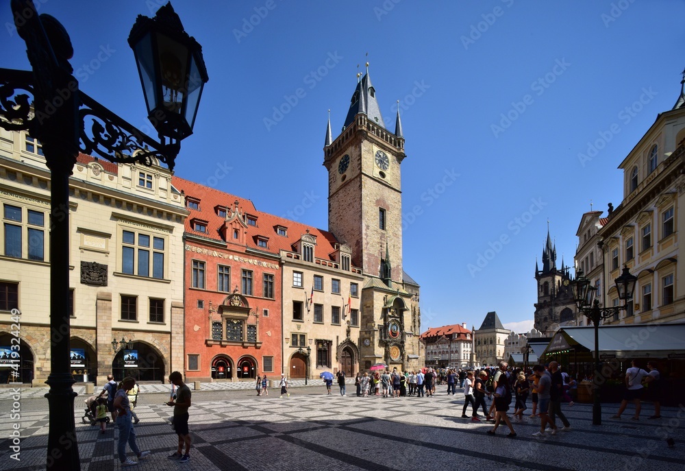 Old Town Hall in Prague shown in summer with blue sky, Central Bohemia, Czech Republic.