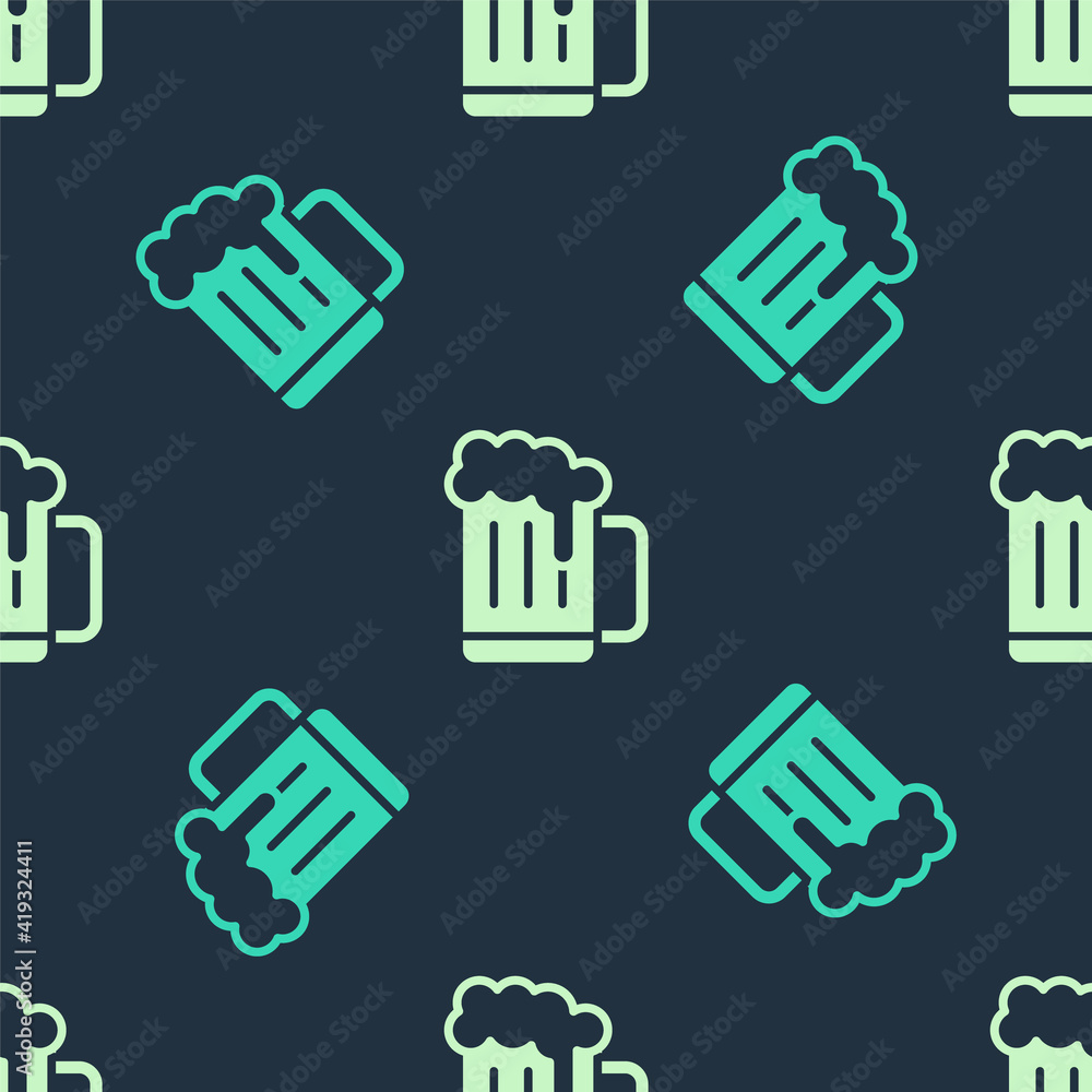 Green and beige Wooden beer mug icon isolated seamless pattern on blue background. Vector. Green and beige Wooden beer mug icon isolated seamless pattern on blue background. Vector.