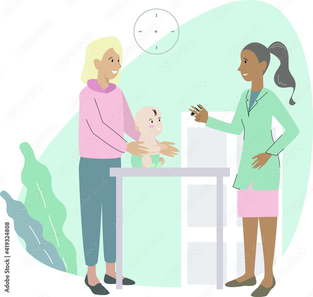 Pediatrician vaccinates to a baby with mother. Childrens doctor give a vaccination to little kid. Vector illustration for concept of immunity, health, vaccines against viruses and diseases Pediatrician vaccinates to a baby with mother. Childrens doctor give a vaccination to little kid. Vector illustration for concept of immunity, health, vaccines against viruses and diseases