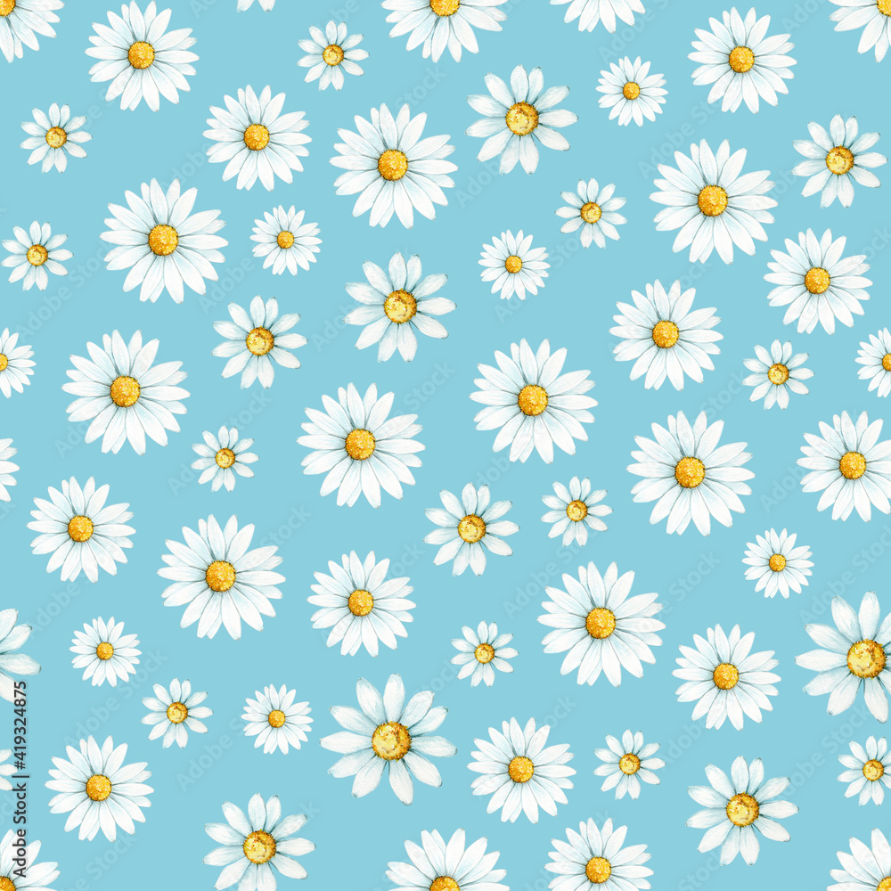 Chamomile, a flower drawn by hand in watercolor. Seamless pattern on a blue background.