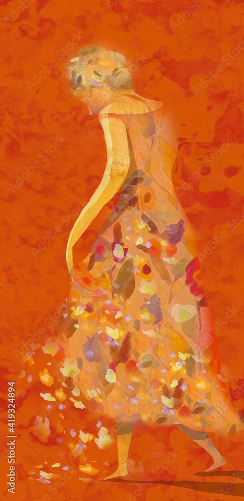 Obraz premium Woman and flowers in dynamic situation, with skirts to the wind