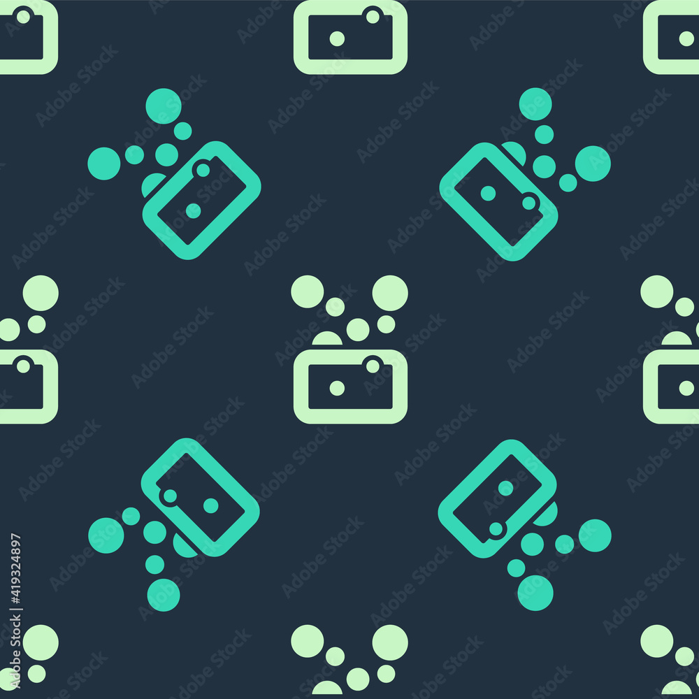 Green and beige Bar of soap icon isolated seamless pattern on blue background. Soap bar with bubbles. Vector. Green and beige Bar of soap icon isolated seamless pattern on blue background. Soap bar with bubbles. Vector.