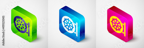 Isometric Dharma wheel icon isolated on grey background. Buddhism religion sign. Dharmachakra symbol. Square button. Vector.