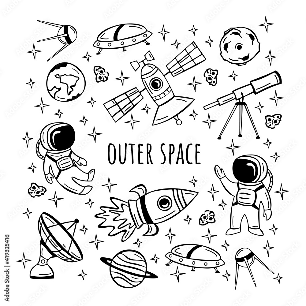 Obraz premium Hand drawn set with astronaut, satellite, rocket and planets in doodle style. Collection of hand drawn doodles outer space.