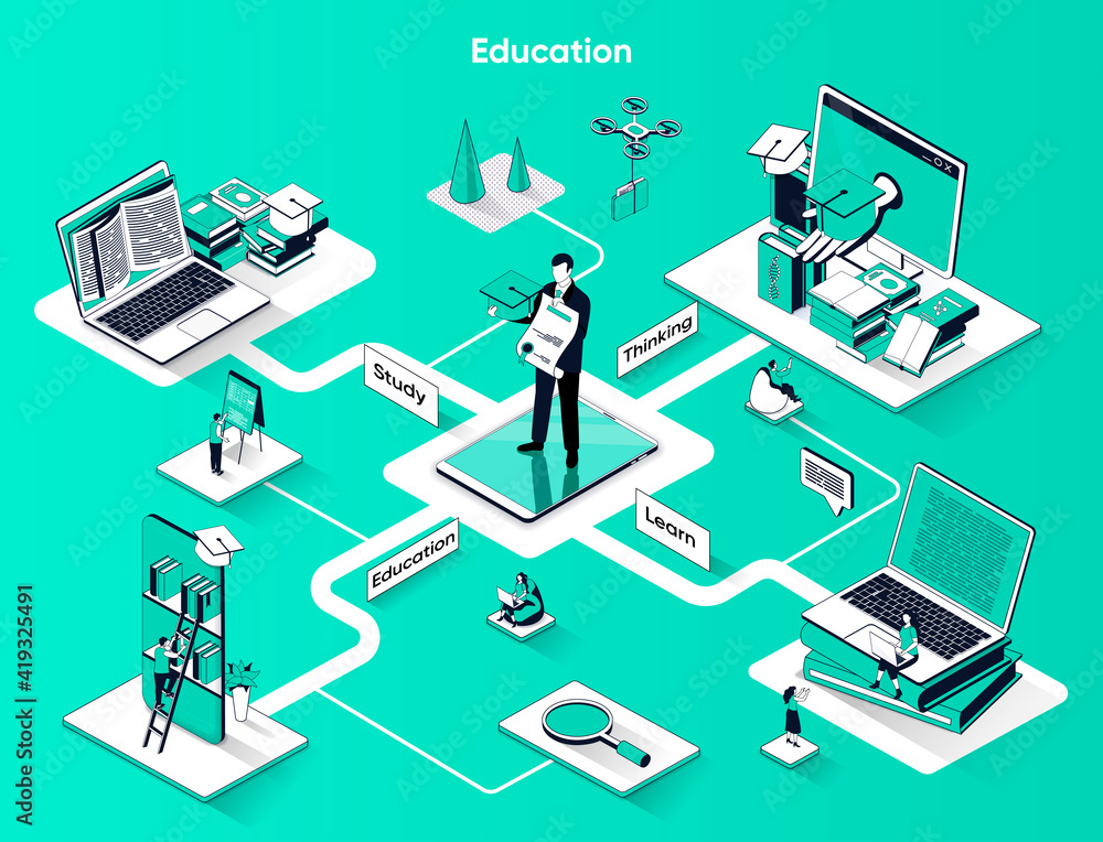 Education isometric web banner. University degree or professional development flat isometry concept. Online studying, courses learning 3d scene design. Vector illustration with tiny people characters