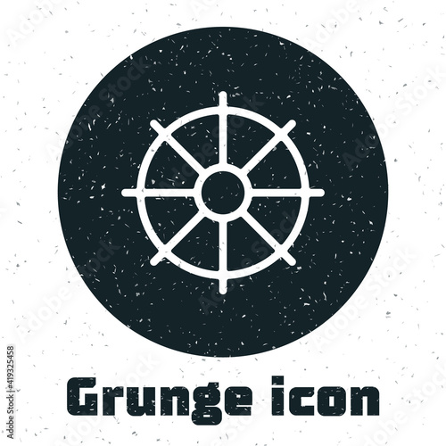 Grunge Dharma wheel icon isolated on white background. Buddhism religion sign. Dharmachakra symbol. Monochrome vintage drawing. Vector.