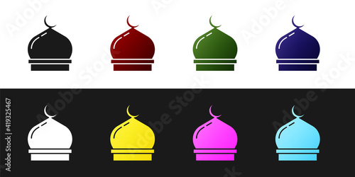 Set Muslim Mosque icon isolated on black and white background. Vector.