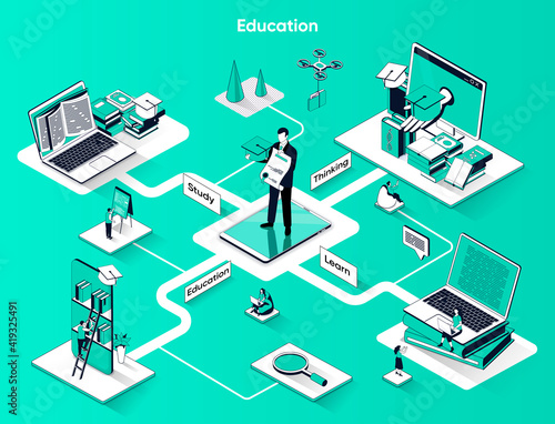 Education isometric web banner. University degree or professional development flat isometry concept. Online studying, courses learning 3d scene design. Vector illustration with tiny people characters