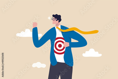 Recruitment target, head hunt, HR, human resources finding right candidate or target audience in marketing concept, businessman wearing eyeglasses tearing his suit reveal target symbol on his shirt.