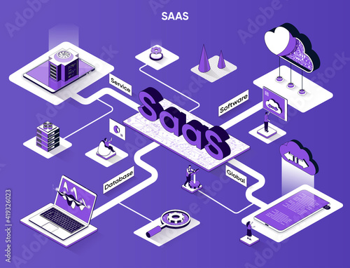 SaaS isometric web banner. Software as a service flat isometry concept. Global database, subscription software, cloud computing service 3d scene design. Vector illustration with tiny people characters