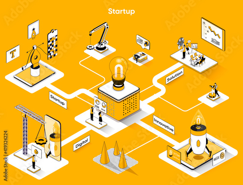 Startup isometric web banner. Innovation solution of business flat isometry concept. Development of new products or services, teamwork 3d scene design. Vector illustration with tiny people characters