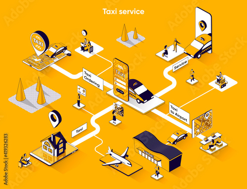 Taxi service isometric web banner. Passenger transportation or city transfer flat isometry concept. Mobile app for online taxi ordering 3d scene design. Vector illustration with tiny people characters