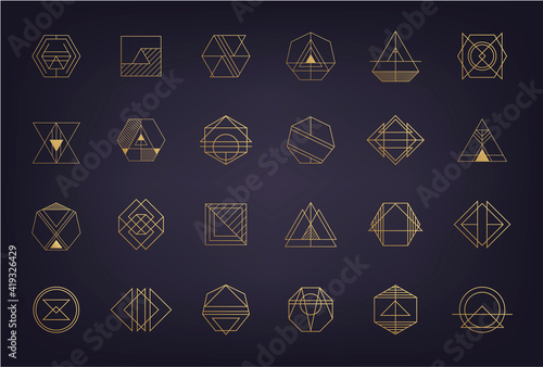 Vector set of abstract geometric logos. Art deco, hipster, golden line style. Circle, triangle, polygon linear shapes. Aztec, magic, esoteric icons, sacred geometry