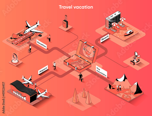 Travel vacation isometric web banner. World tourism and flights flat isometry concept. Sea cruise, beach vacation, mountain activities 3d scene design. Vector illustration with tiny people characters