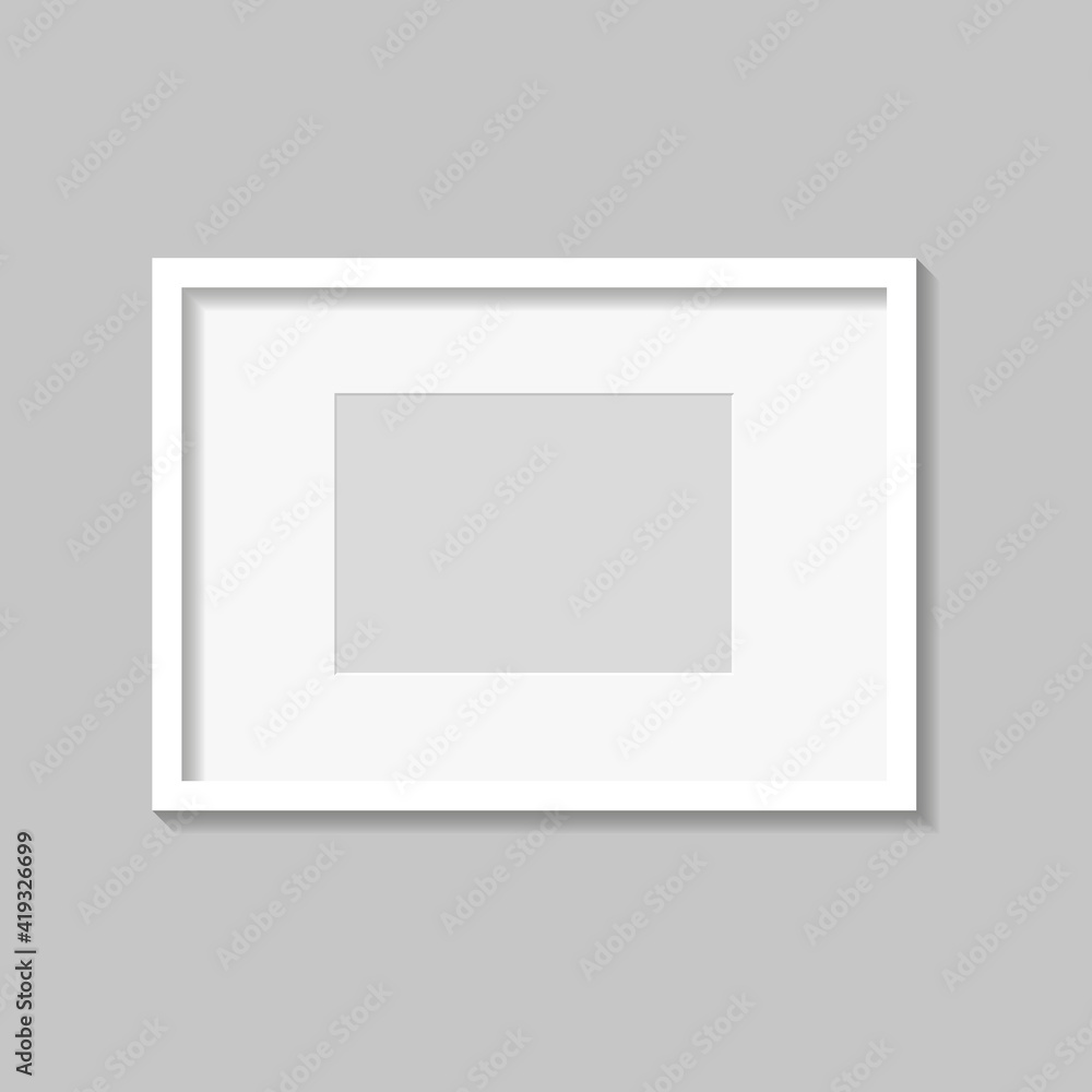 White photo or picture frame with mat and shades isolated on gray background. Vector illustration. Wall decor. Rectangle horizontal photo frame White photo or picture frame with mat and shades isolated on gray background. Vector illustration. Wall decor. Rectangle horizontal photo frame