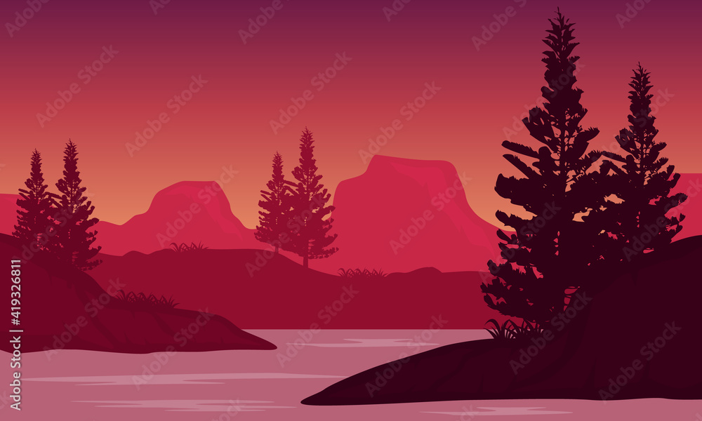 Very nice Mountain View from the river bank at dark. Vector illustration
