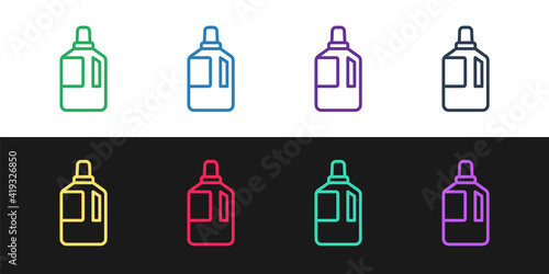 Set line Fabric softener icon isolated on black and white background. Liquid laundry detergent, conditioner, cleaning agent, bleach. Vector Illustration.