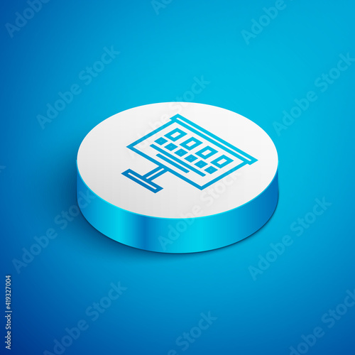 Isometric line Eye test chart icon isolated on blue background. Poster for vision testing in ophthalmic study. Snellen chart. White circle button. Vector Illustration.