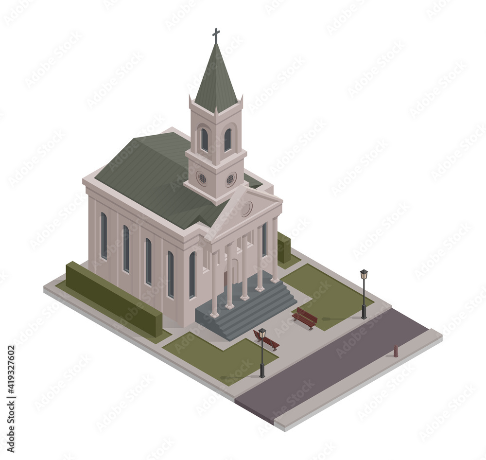 Vector isometric element representing christian catholic church with adjacent park, benches, road. Low poly, isolated, old gothic cathedral building.