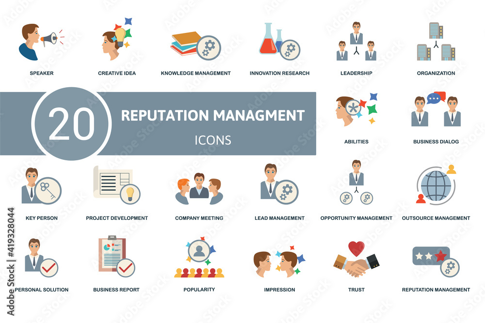 Reputation Management icon set. Contains editable icons reputation management theme such as creative idea, innovation research, organization and more. Reputation Management icon set. Contains editable icons reputation management theme such as creative idea, innovation research, organization and more.
