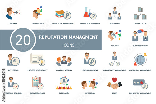 Reputation Management icon set. Contains editable icons reputation management theme such as creative idea, innovation research, organization and more.