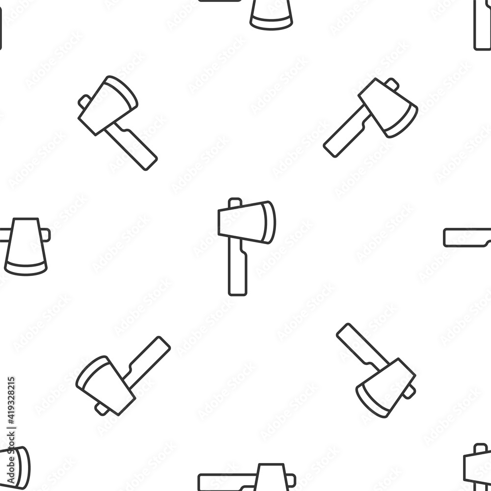 Grey line Wooden axe icon isolated seamless pattern on white background. Lumberjack axe. Vector. Grey line Wooden axe icon isolated seamless pattern on white background. Lumberjack axe. Vector.