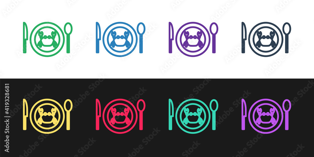 Set line Served crab on a plate icon isolated on black and white background. Vector..