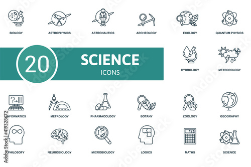 Science icon set. Contains editable icons science theme such as astrophysics, archeology, quantum physics and more.