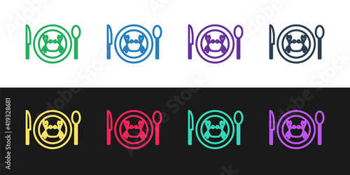 Set line Served crab on a plate icon isolated on black and white background. Vector..