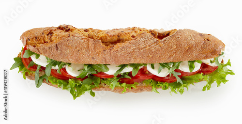 Tasty vegetarian sandwich on white table