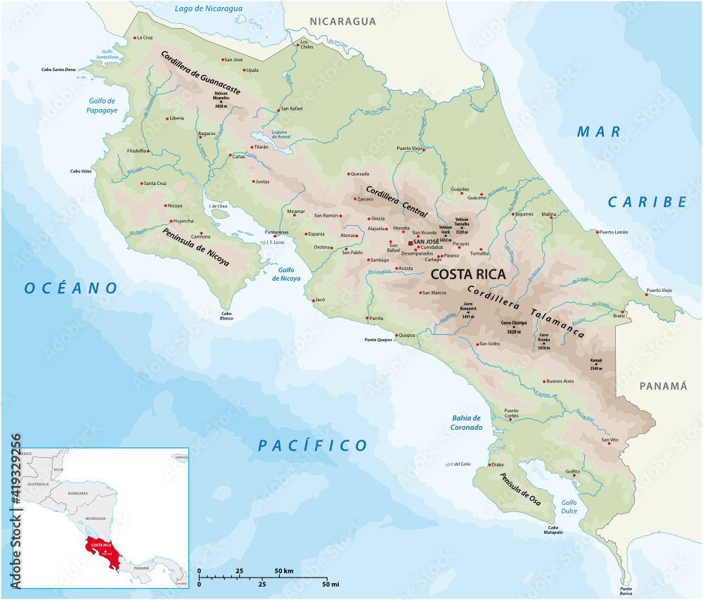 Physical vector map of the Central American Republic of Costa Rica ...