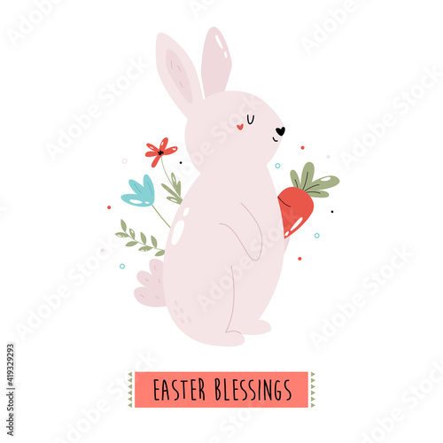 Happy Easter vector illustration with cute rabbit and flowers © danceyourlife