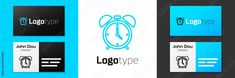 Blue line Alarm clock icon isolated on white background. Wake up, get up concept. Time sign. Logo design template element. Vector.
