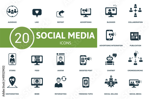 Social Media icon set. Contains editable icons social media theme such as like, advertising, callaberation and more.
