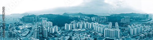 Photography Panorama view of Hong Kong city in blue color tone