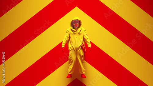 Yellow Red Hazmat Suit Ravers with Yellow an Red Chevron Background 3d illustration render 