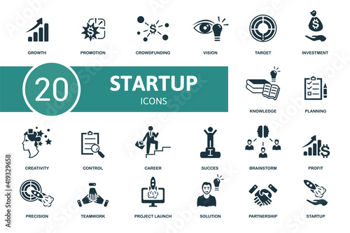 Startup icon set. Contains editable icons startup theme such as promotion, vision, investment and more.