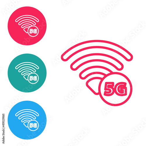 Red line 5G new wireless internet wifi connection icon isolated on white background. Global network high speed connection data rate technology. Set icons in circle buttons. Vector.