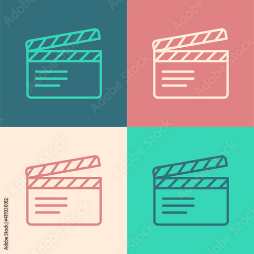 Pop art line Movie clapper icon isolated on color background. Film clapper board. Clapperboard sign. Cinema production or media industry. Vector.