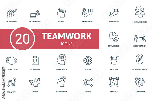 Teamwork icon set. Contains editable icons teamwork theme such as outsource, motivation, communication and more.