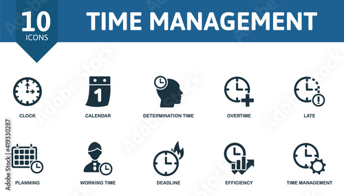Time Management icon set. Contains editable icons time management theme such as calendar, overtime, planning and more.