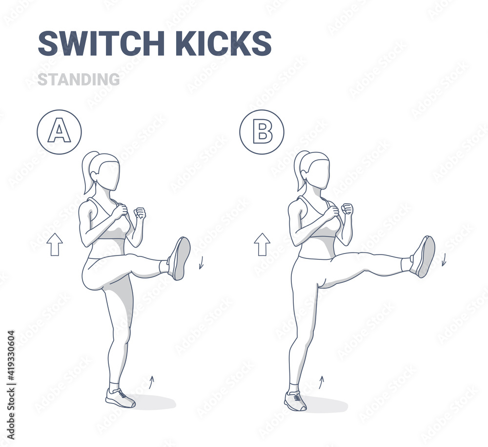 Fototapeta premium Switch Kicks Exercise Women Home Legs Workout Guidance Flat Outline Illustration.