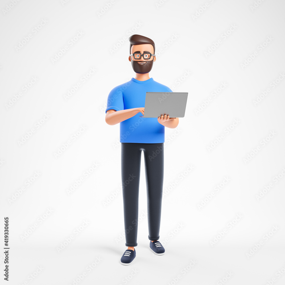 Cartoon beard character man in blue t-shirt holding laptop over white background. Digital marketing and data science concept.