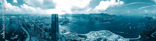 Photography Panorama view of Hong Kong city in blue color tone