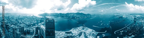 Photography Panorama view of Hong Kong city in blue color tone